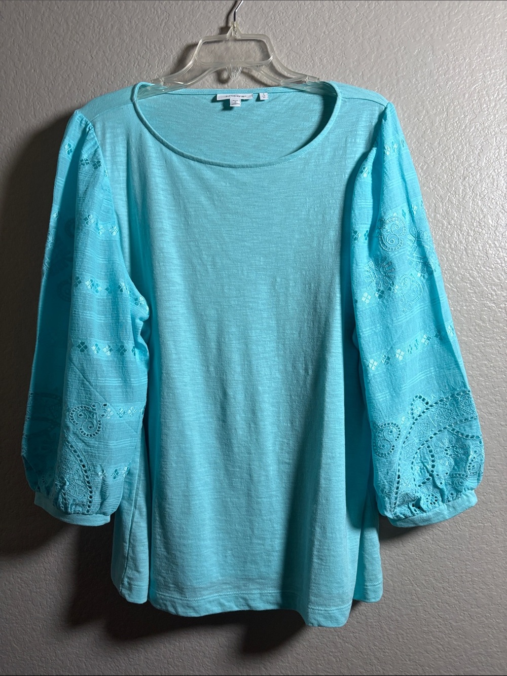 Chico's Aqua Embroidered Eyelet Sleeve Long-Sleeve Tee
